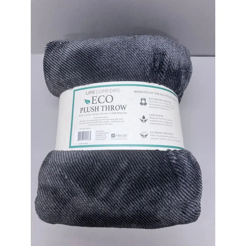 Life Comfort Eco Plush Throw Blanket Gray 60x70 Soft Ribbed Bed Sofa Fleece New